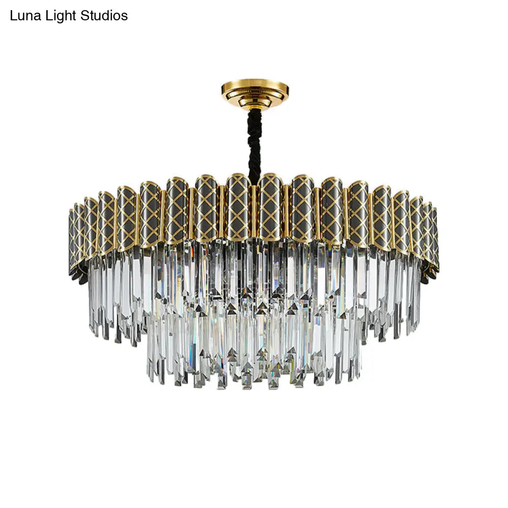 Modern 2-Tier Crystal Pendant Light With 9 Bulbs - Black-Gold Finish Living Room Chandelier