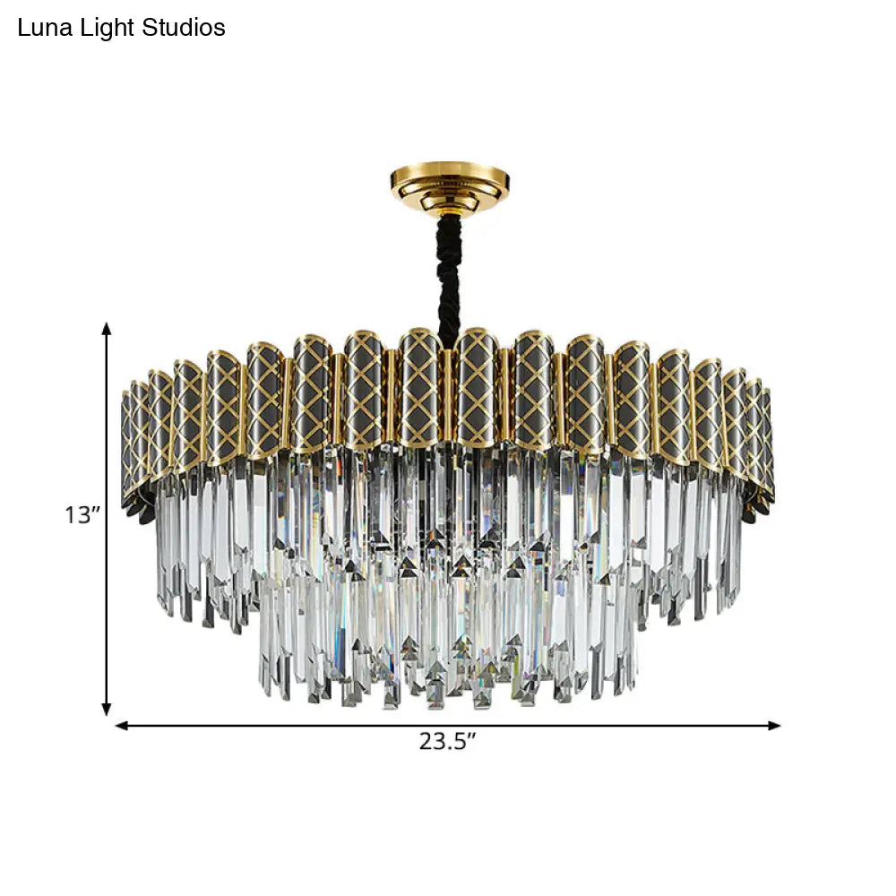 Modern 2-Tier Crystal Pendant Light With 9 Bulbs - Black-Gold Finish Living Room Chandelier