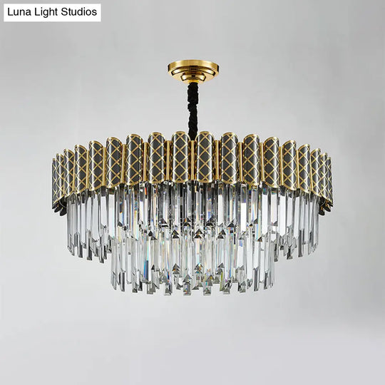 Modern 2-Tier Crystal Pendant Light With 9 Bulbs - Black-Gold Finish Living Room Chandelier