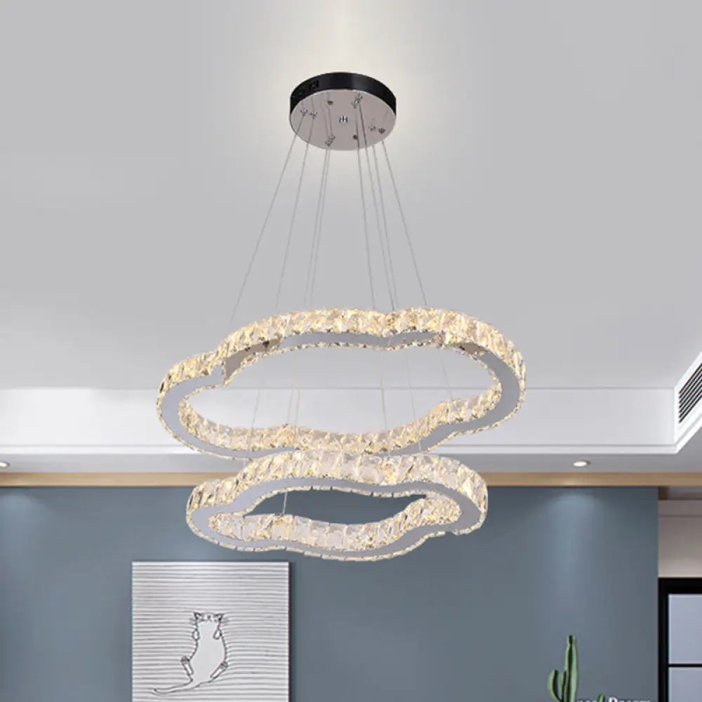 Modern 2-Tier Led Chandelier With Chrome Finish And Inlaid Crystal Accents - Cloud Shaped Pendant