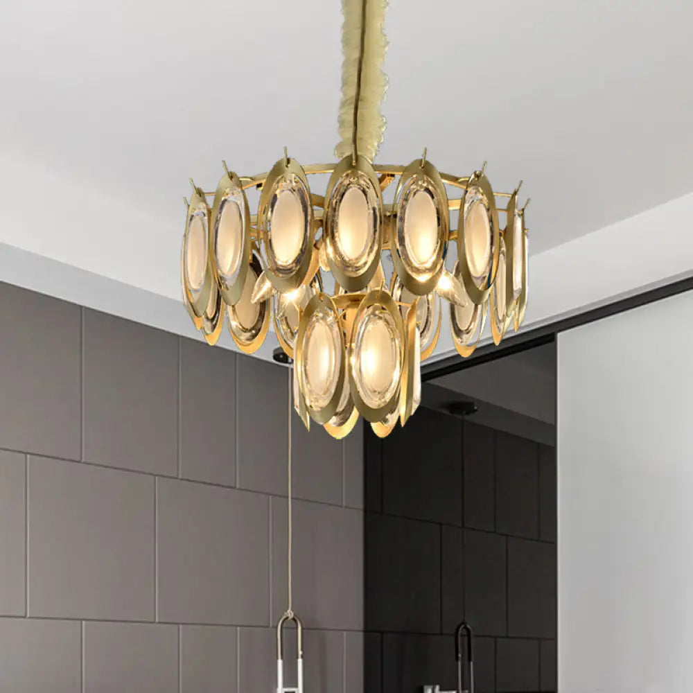 Modern 2-Tier Metallic Oblong Chandelier - Brass Finish 7 Hanging Bulbs Ceiling Lamp