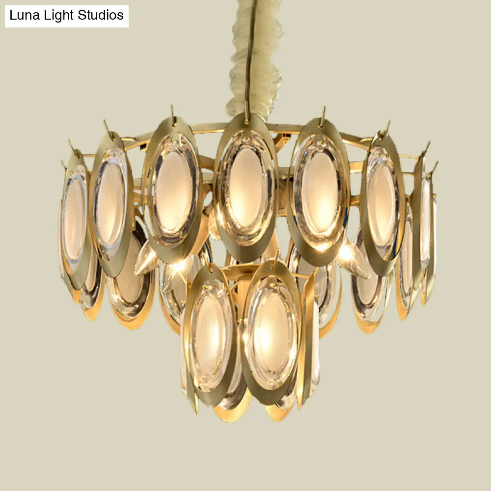 Modern 2-Tier Metallic Oblong Chandelier - Brass Finish 7 Hanging Bulbs Ceiling Lamp