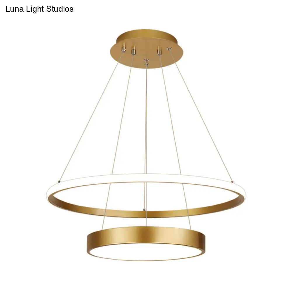 Modern 2-Tier Metallic Ring Led Chandelier In Gold - Warm/White Lighting