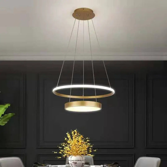 Modern 2-Tier Metallic Ring Led Chandelier In Gold - Warm/White Lighting / Warm