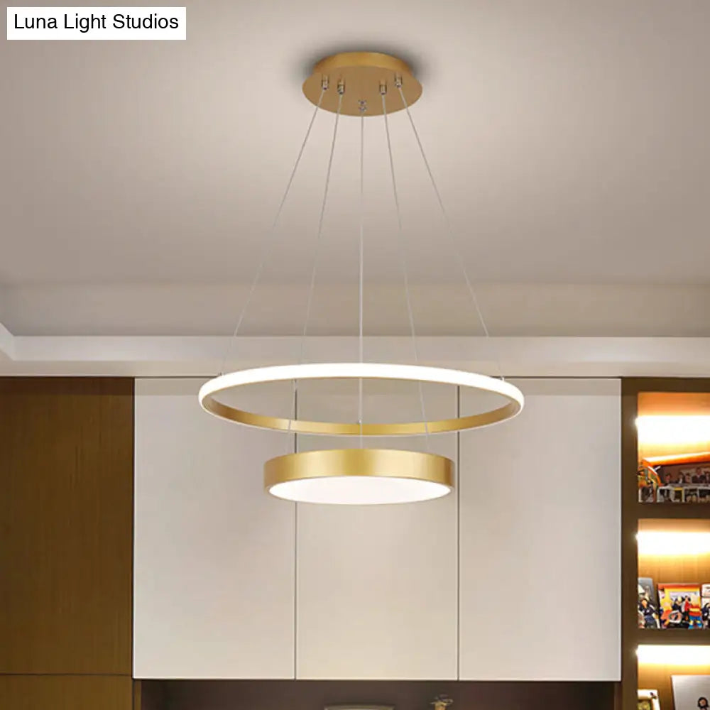 Modern 2-Tier Metallic Ring Led Chandelier In Gold - Warm/White Lighting