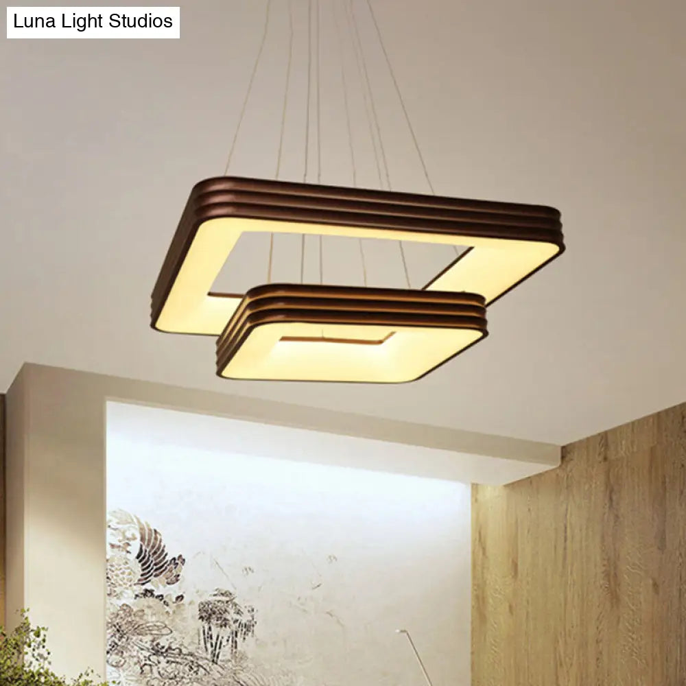 Modern 2-Tier Square Metal Led Chandelier Lamp - Brown Ceiling Fixture For Living Room