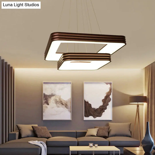 Modern 2-Tier Square Metal Led Chandelier Lamp - Brown Ceiling Fixture For Living Room