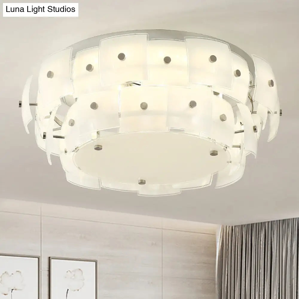Modern 2 - Tier White Glass Drum Flush Mount Ceiling Light Fixture For Living Room