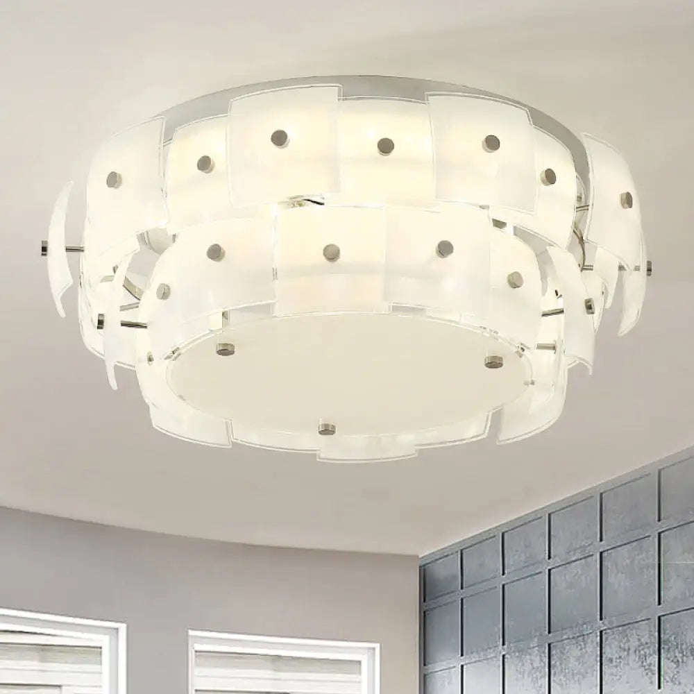 Modern 2 - Tier White Glass Drum Flush Mount Ceiling Light Fixture For Living Room