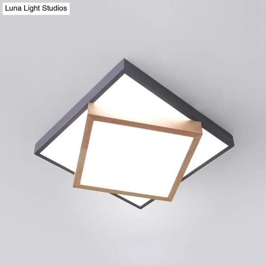 Modern 2-Tier Wood Led Ceiling Light For Living Room In White/Warm - Square Flush Mount