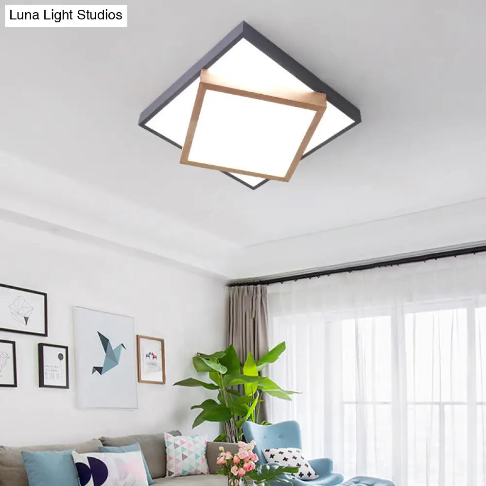 Modern 2-Tier Wood Led Ceiling Light For Living Room In White/Warm - Square Flush Mount Grey / White