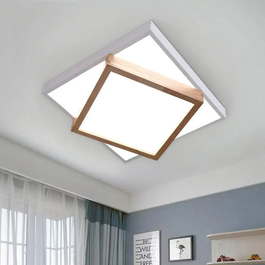 Modern 2 - Tier Wood Led Ceiling Light For Living Room In White/Warm - Square Flush Mount White /