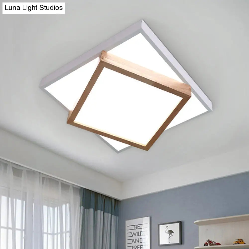 Modern 2-Tier Wood Led Ceiling Light For Living Room In White/Warm - Square Flush Mount White /