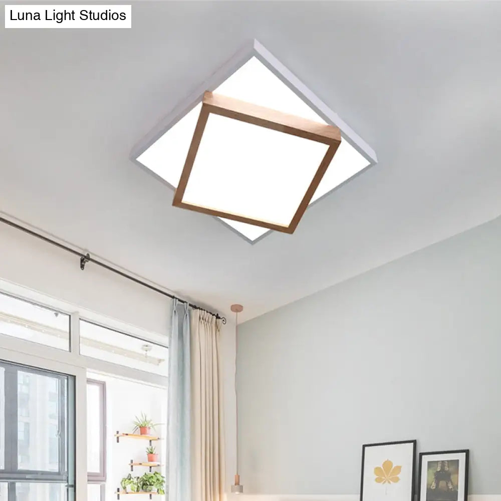 Modern 2 - Tier Wood Led Ceiling Light For Living Room In White/Warm - Square Flush Mount