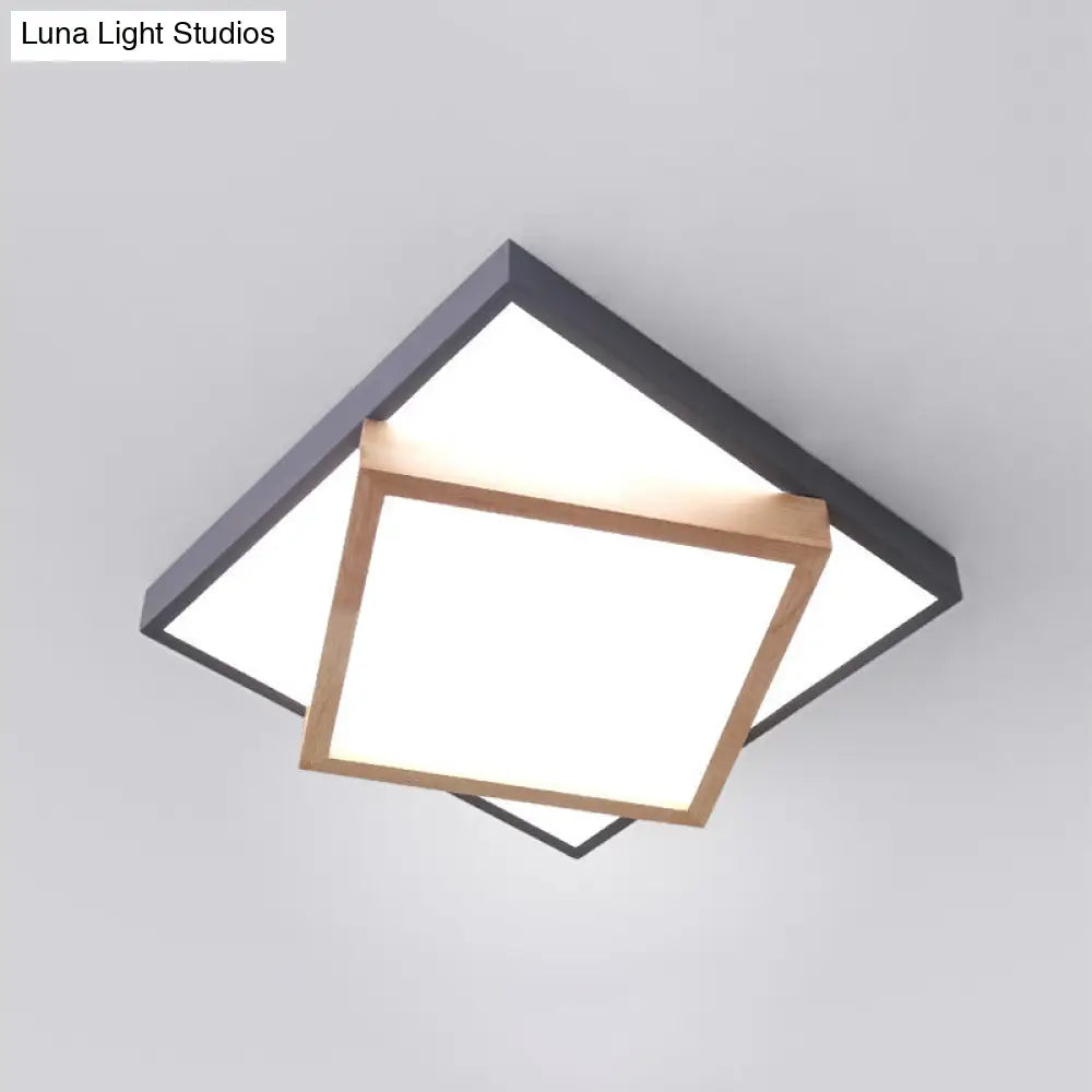 Modern 2 - Tier Wood Led Ceiling Light For Living Room In White/Warm - Square Flush Mount