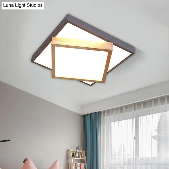 Modern 2-Tier Wood Led Ceiling Light For Living Room In White/Warm - Square Flush Mount Grey / Warm