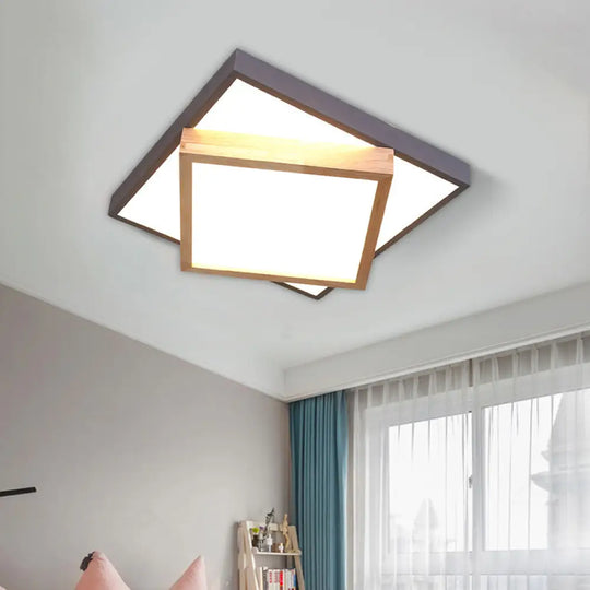 Modern 2 - Tier Wood Led Ceiling Light For Living Room In White/Warm - Square Flush Mount Grey /