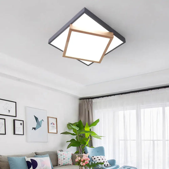 Modern 2 - Tier Wood Led Ceiling Light For Living Room In White/Warm - Square Flush Mount Grey /