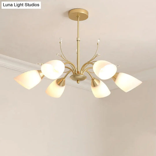 Modernist Gold Flared Chandelier With 3/6 Bulbs: Elegant Hanging Pendant Light And White Glass Shade