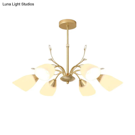 Modernist Gold Flared Chandelier With 3/6 Bulbs: Elegant Hanging Pendant Light And White Glass Shade