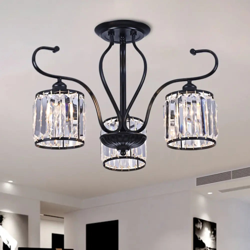 Modern 3/6-Light Cylindrical Crystal Semi Mount Ceiling Light - Black For Living Room 3 /