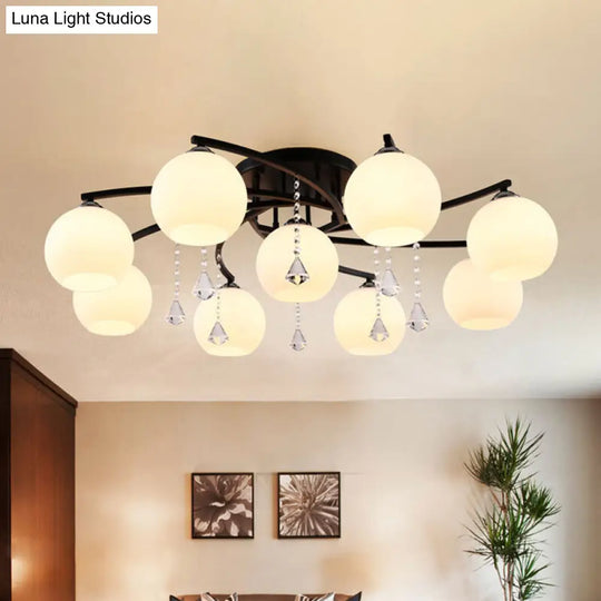 Modern 3/7/9 Heads Black Milk Glass Ball Chandelier Ceiling Mount Light For Living Room