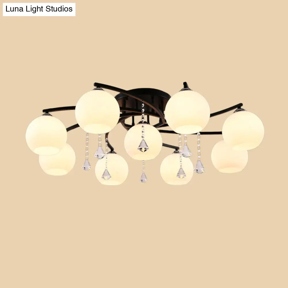 Modern 3/7/9 Heads Black Milk Glass Ball Chandelier Ceiling Mount Light For Living Room