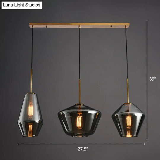 Modern Brass Pendant Light With Glass Shades - 3 Bulb Cluster Ceiling Suspension Smoke Gray / Linear