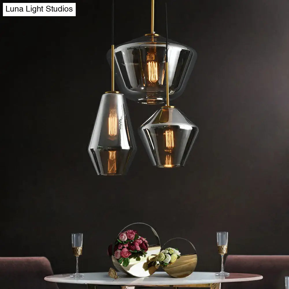 Modern 3-Bulb Brass Geometric Pendant Light With Glass Shade