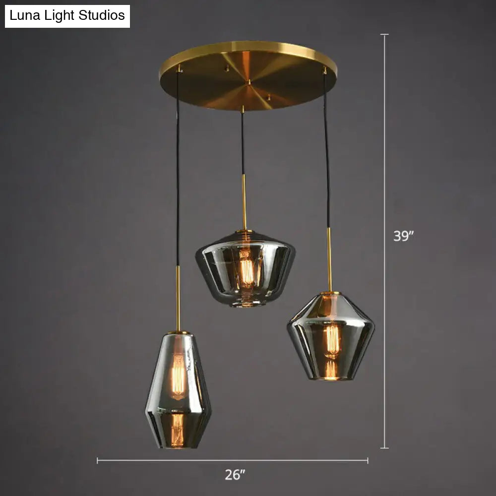 Modern Brass Pendant Light With Glass Shades - 3 Bulb Cluster Ceiling Suspension Smoke Gray / Round