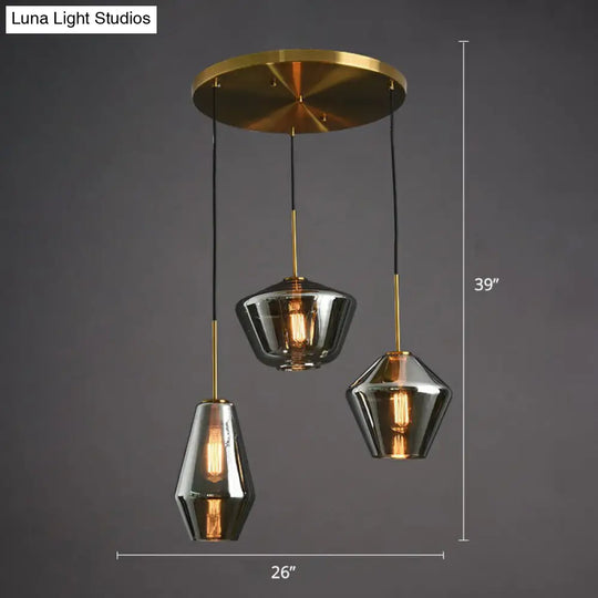 Modern Brass Pendant Light With Glass Shades - 3 Bulb Cluster Ceiling Suspension Smoke Gray / Round