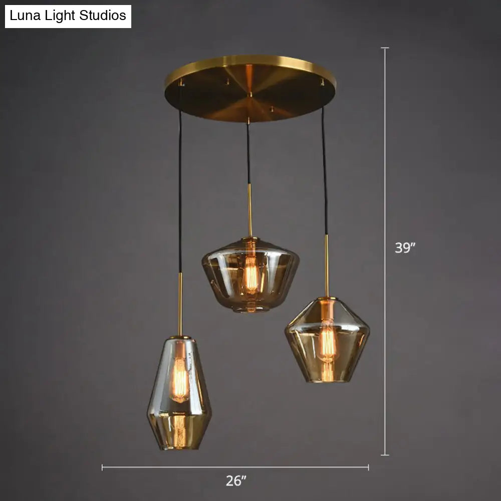 Modern Brass Pendant Light With Glass Shades - 3 Bulb Cluster Ceiling Suspension Amber / Round