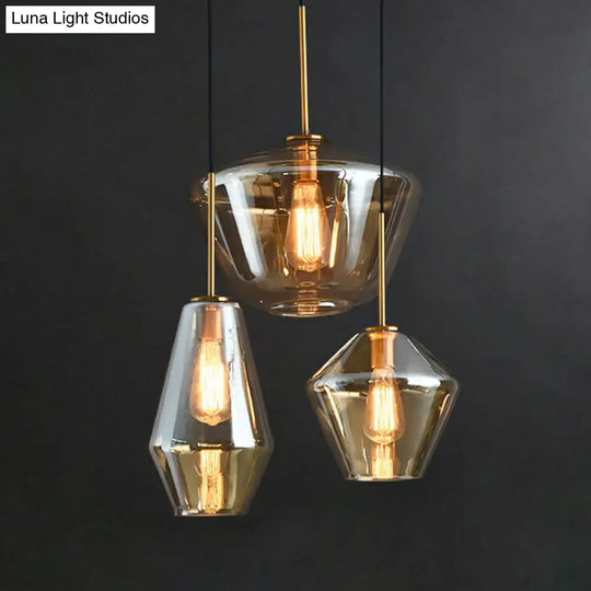 Modern 3-Bulb Brass Geometric Pendant Light With Glass Shade