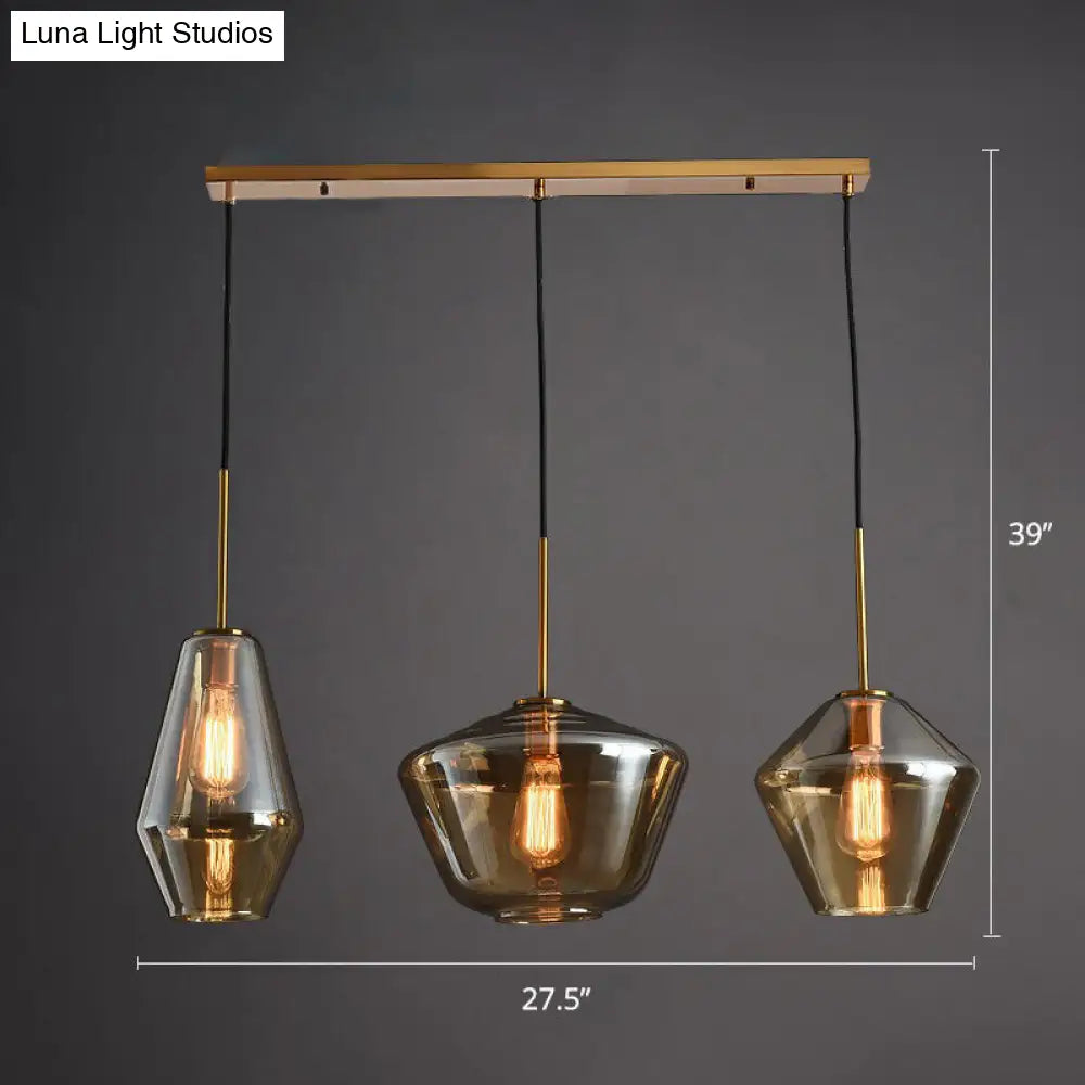 Modern Brass Pendant Light With Glass Shades - 3 Bulb Cluster Ceiling Suspension Amber / Linear