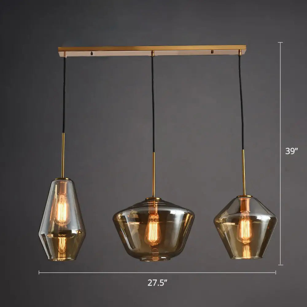 Modern 3-Bulb Brass Geometric Pendant Light With Glass Shade Amber / Linear