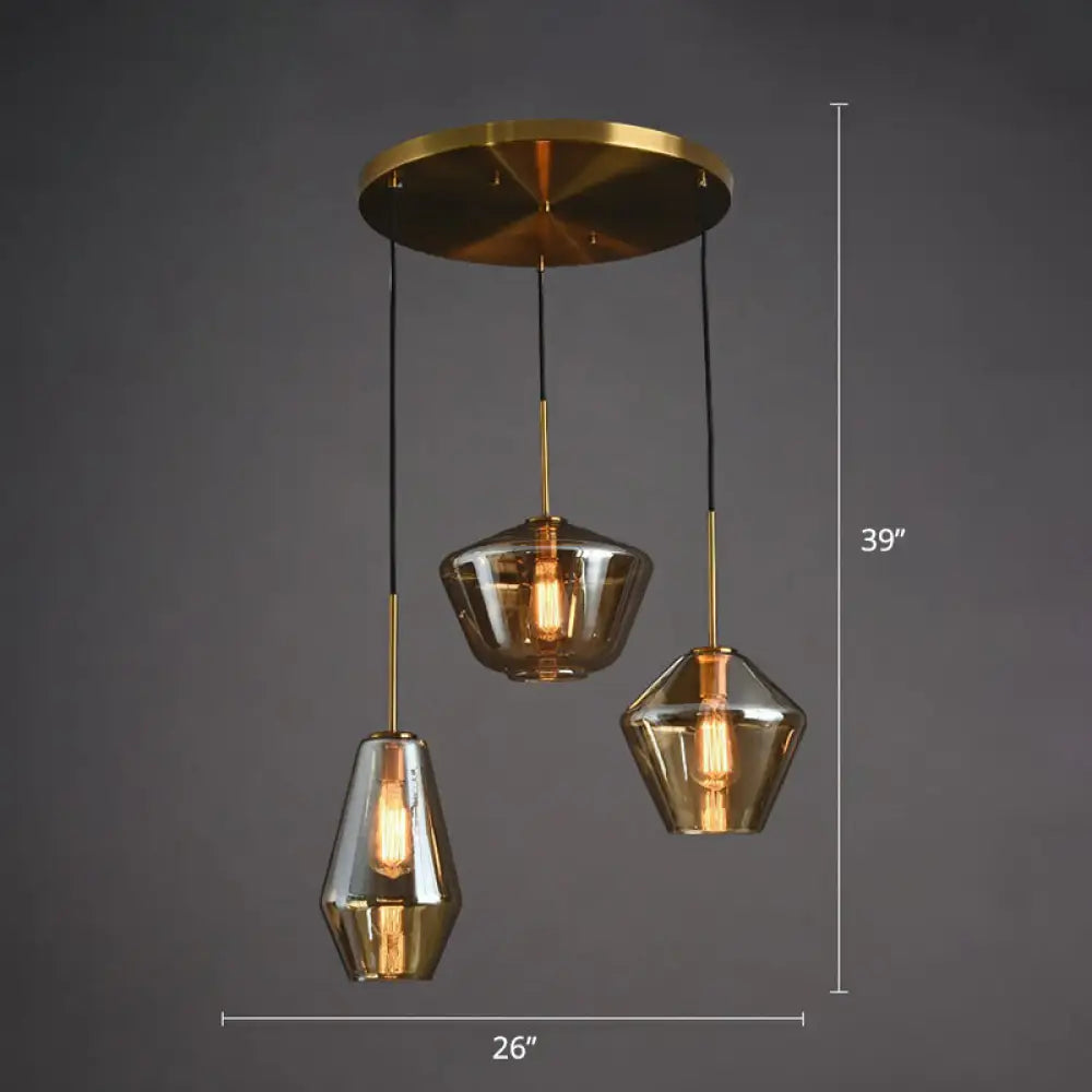 Modern 3-Bulb Brass Geometric Pendant Light With Glass Shade Amber / Round