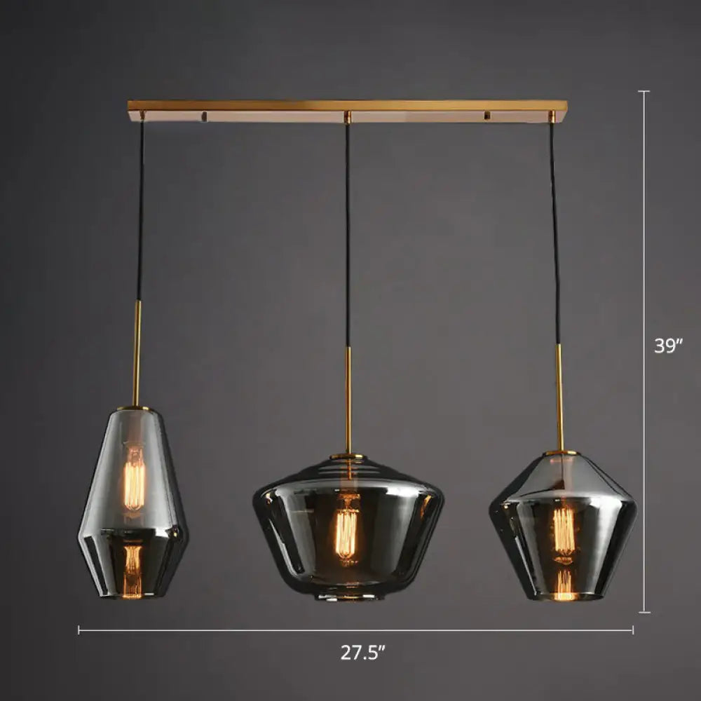 Modern 3-Bulb Brass Geometric Pendant Light With Glass Shade Smoke Gray / Linear