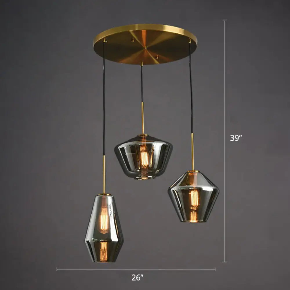 Modern 3-Bulb Brass Geometric Pendant Light With Glass Shade Smoke Gray / Round