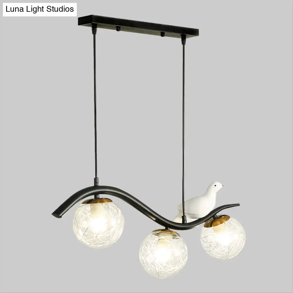 Modern 3-Head Black Island Pendant Lamp With Clear/White Glass Shades And Pigeon Decor