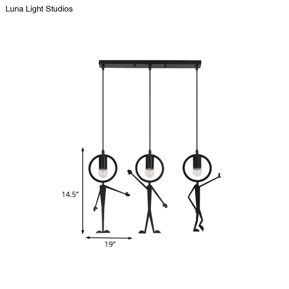 Modern 3-Head Black Suspension Lamp: Human-Like Iron Multi Light Pendant With Bare Bulb Design