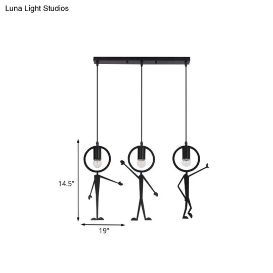 Modern 3-Head Black Suspension Lamp: Human-Like Iron Multi Light Pendant With Bare Bulb Design