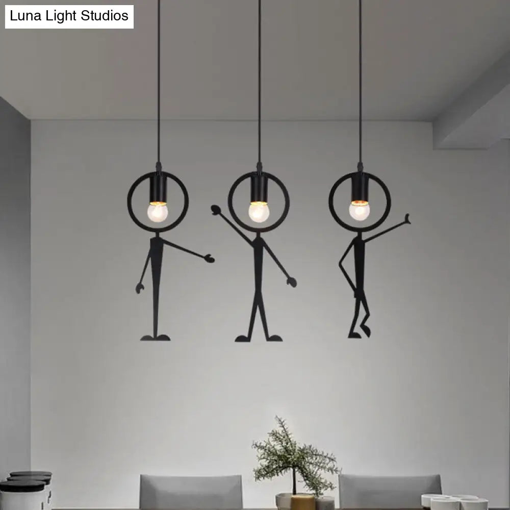 Modern 3-Head Black Suspension Lamp: Human-Like Iron Multi Light Pendant With Bare Bulb Design