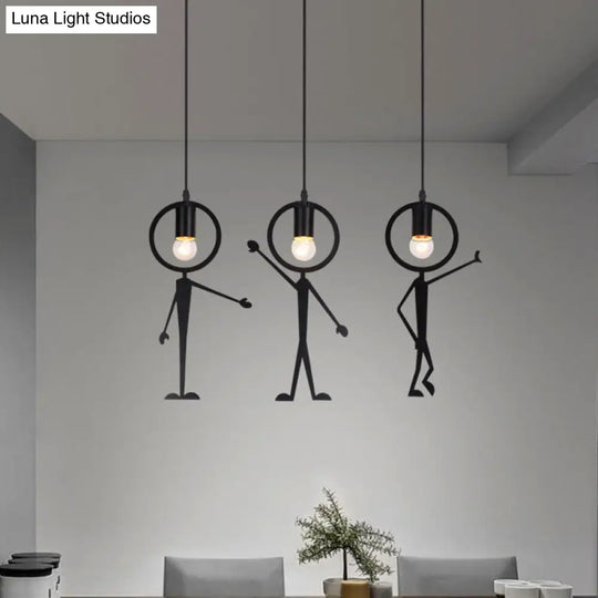 Modern 3-Head Black Suspension Lamp: Human-Like Iron Multi Light Pendant With Bare Bulb Design