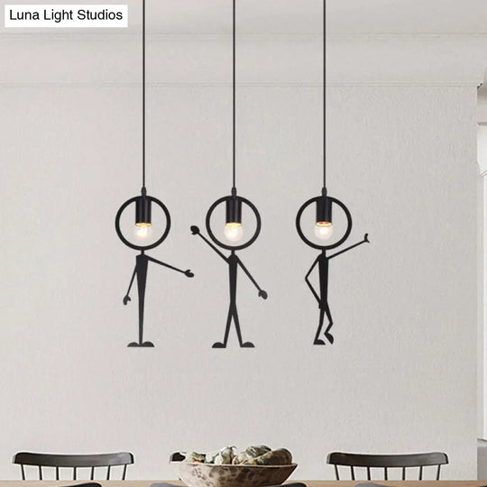 Modern 3-Head Black Suspension Lamp: Human-Like Iron Multi Light Pendant With Bare Bulb Design