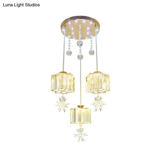 Modern 3-Head Crystal Flower Pendant Light In Gold For Dining Room