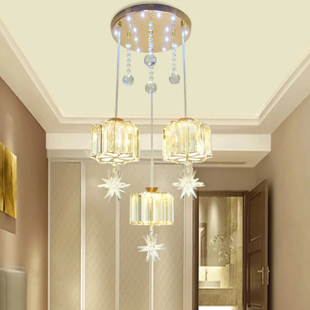 Modern 3-Head Crystal Flower Pendant Light In Gold For Dining Room