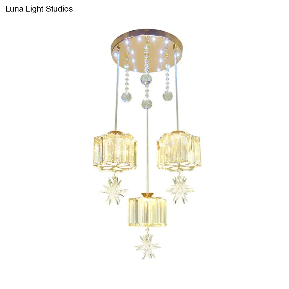 Modern Gold Pendant Light With Crystal Flower Clusters - 3 Heads Ideal For Dining Room