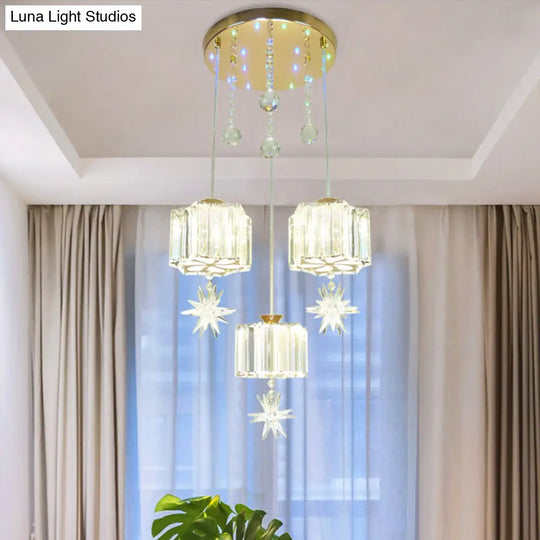 Modern 3-Head Crystal Flower Pendant Light In Gold For Dining Room