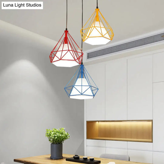 Modern 3-Head Diamond Cage Pendant Lamp: Red Yellow Blue Multi-Light Ceiling Lighting