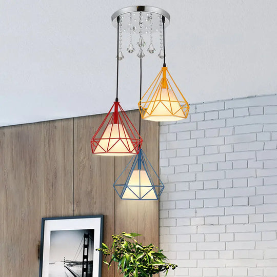 Modern 3-Head Diamond Cage Pendant Lamp: Red Yellow Blue Multi-Light Ceiling Lighting